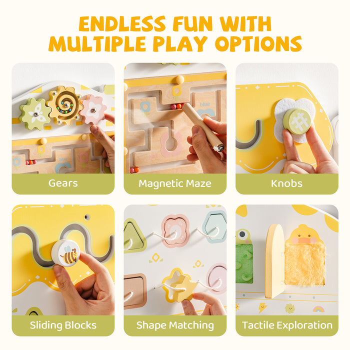ROBUD spring train busy board feature grid: gears, magnetic maze, knobs, sliding blocks, shape matching, tactile panels.