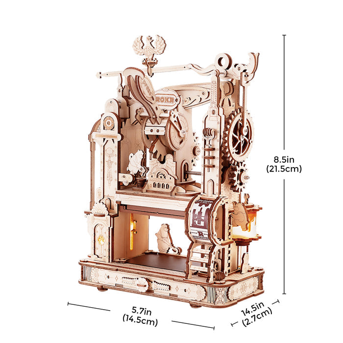 ROKR Classic Printing Press wooden model dimensions diagram showing 16.5 by 5.7 by 8.5 inch measurements on white background
