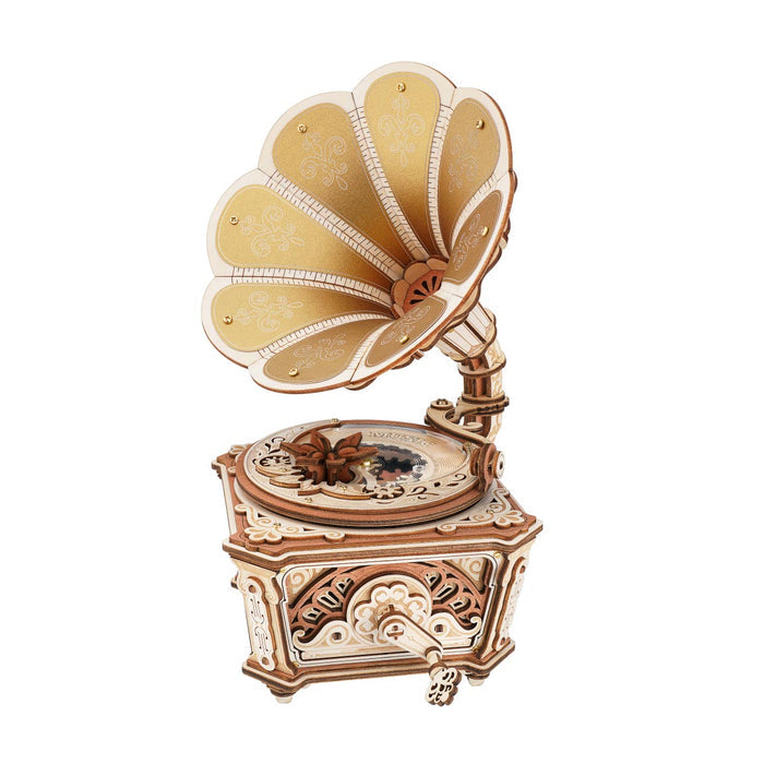 ROKR Diva Gramophone Music Box Wooden 3D Puzzle AMK82 3D wooden music box, product front view on neutral background