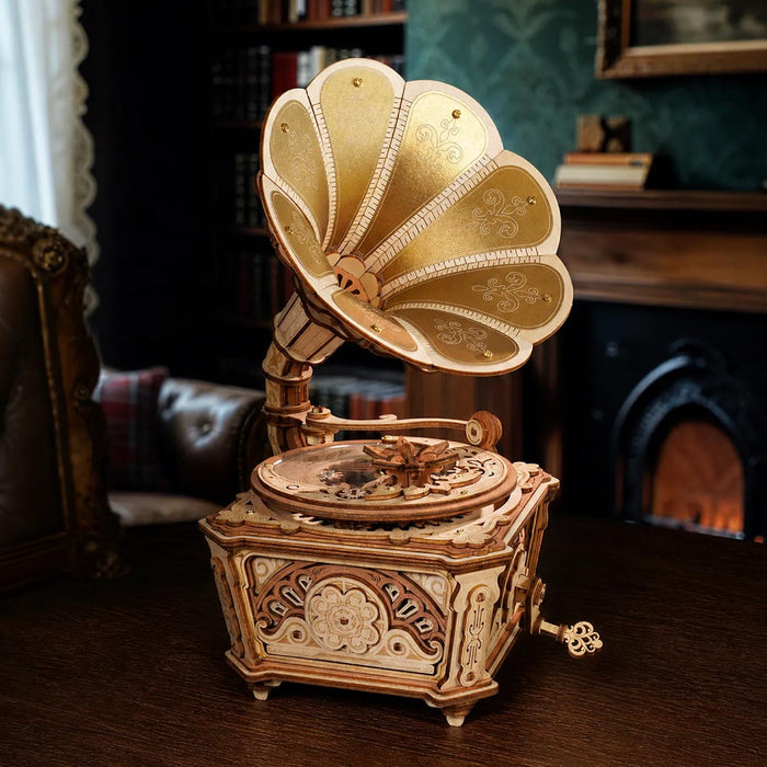 ROKR Diva Gramophone Music Box Wooden 3D Puzzle AMK82 3D wooden music box, angled view showing detail and craftsmanship