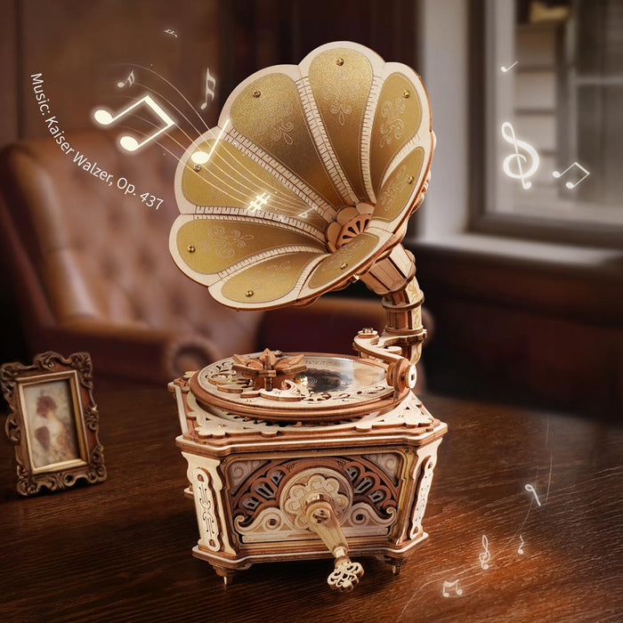 ROKR Diva Gramophone Music Box Wooden 3D Puzzle AMK82 3D wooden music box, close-up of interior components and accessories