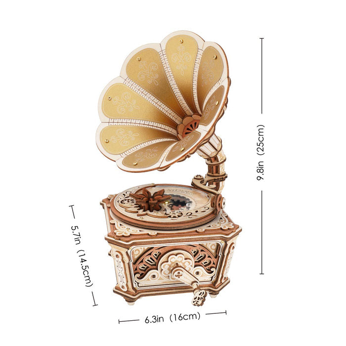 ROKR Diva Gramophone Music Box Wooden 3D Puzzle AMK82 3D wooden music box, styled lifestyle scene with model assembled