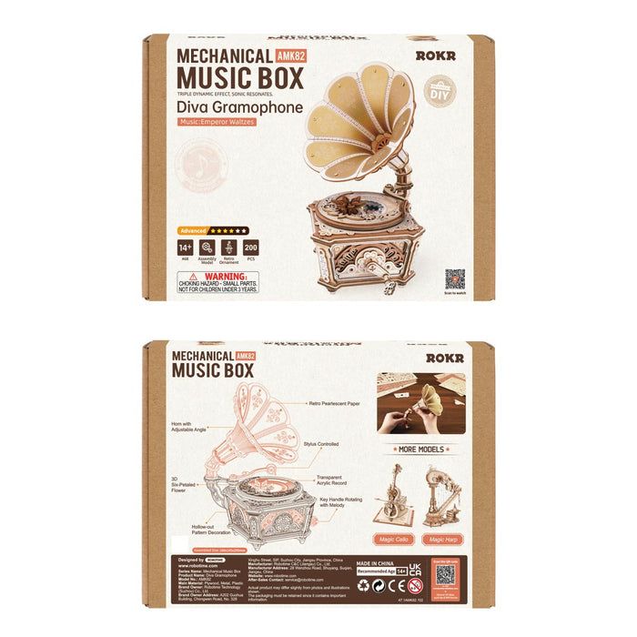ROKR Diva Gramophone Music Box Wooden 3D Puzzle AMK82 3D wooden music box, side view highlighting structure and scale