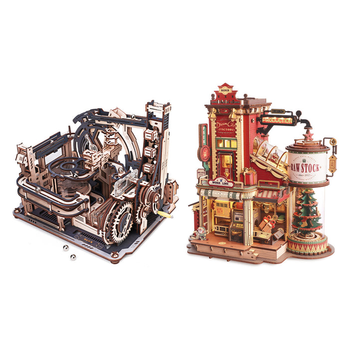 ROKR Gift Bundle + DIY gift bundle, product detail view: LGC01 Cog Coaster marble run and EAB01 Carousel music box kits EA...