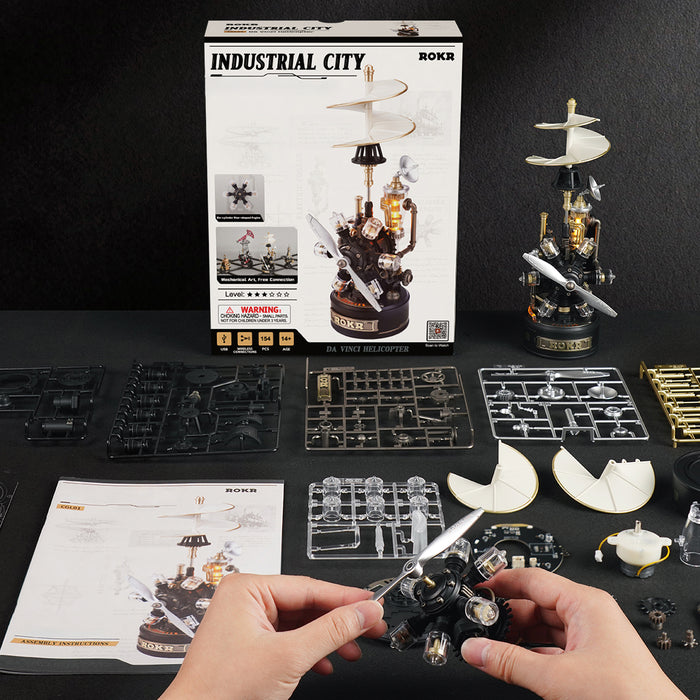 ROKR Leonardo da Vinci's Helicopter Mechanical 3D Puzzle 3D wooden puzzle model, styled lifestyle scene with model assembled
