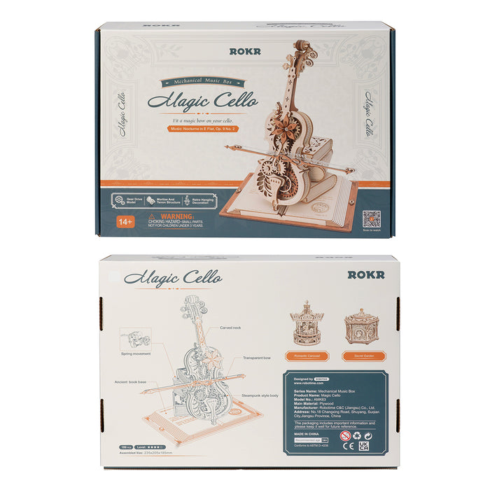 ROKR Magic Cello retail box front and back panels showing cover illustration and labeled component assembly diagram