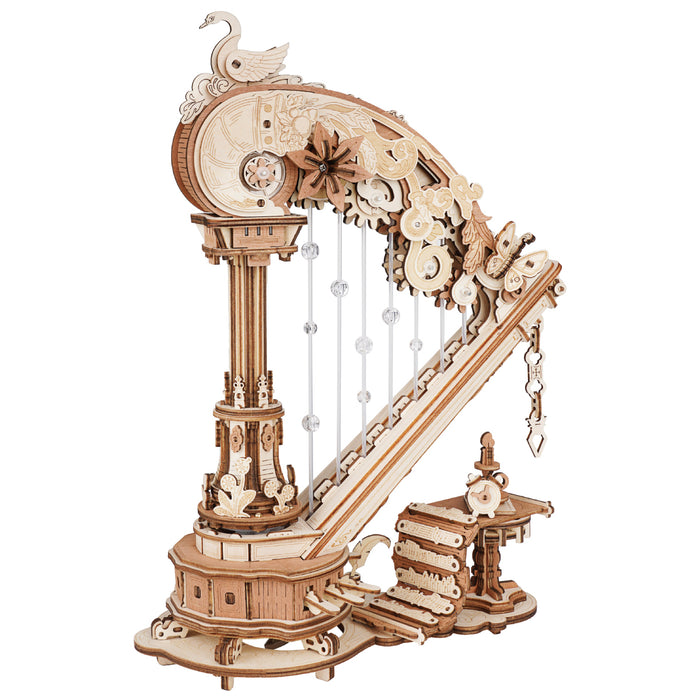 ROKR Magic Harp Music Box Wooden 3D Puzzle AMK71 3D wooden music box, product front view on neutral background