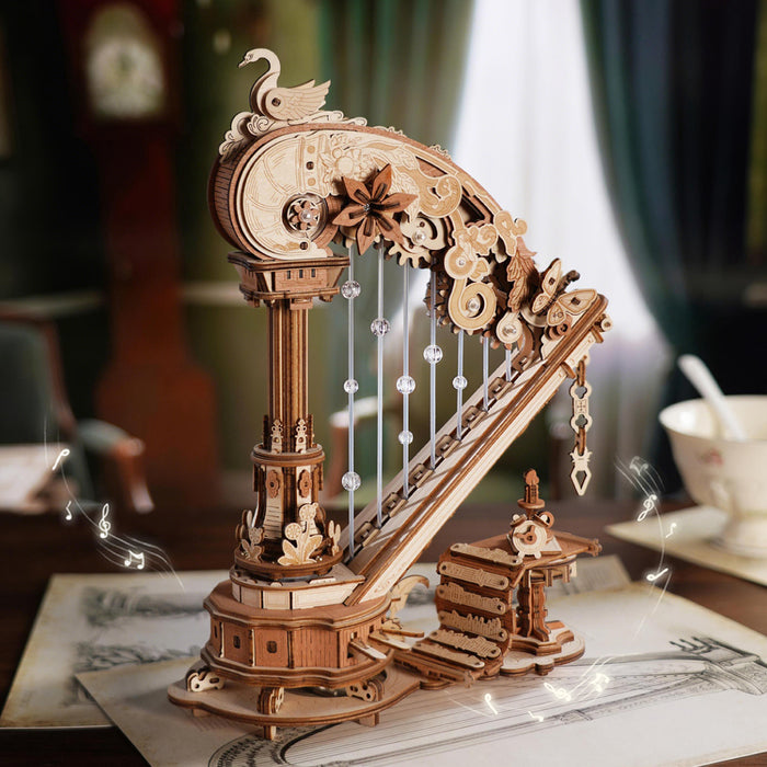 ROKR Magic Harp Music Box Wooden 3D Puzzle AMK71 3D wooden music box, angled view showing detail and craftsmanship