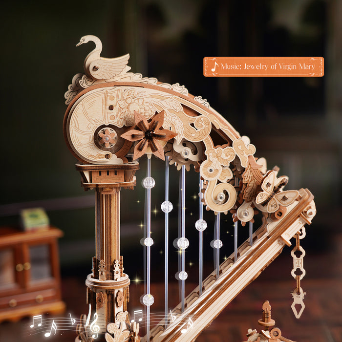 ROKR Magic Harp Music Box Wooden 3D Puzzle AMK71 3D wooden music box, close-up of interior components and accessories