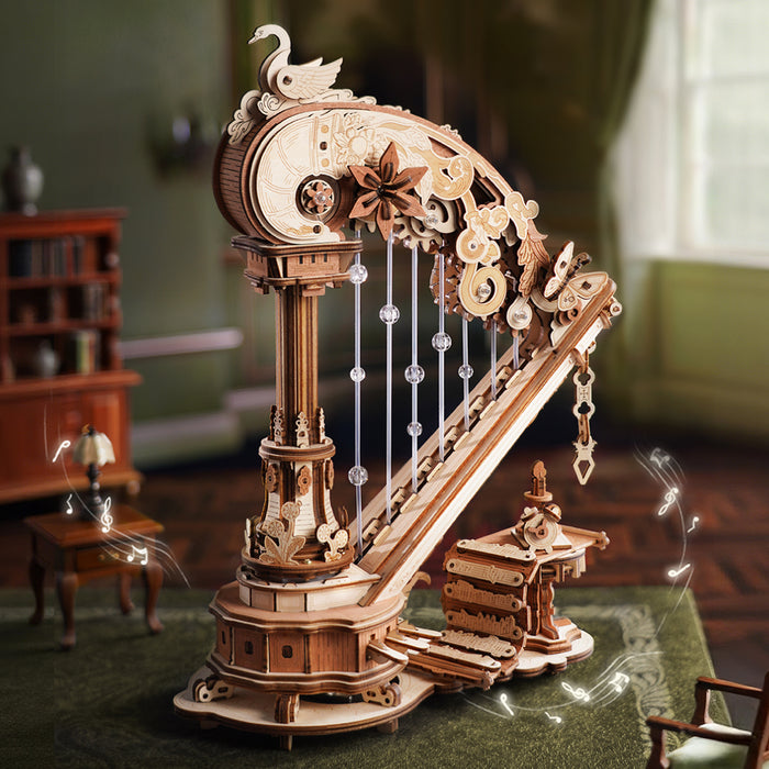 ROKR Magic Harp Music Box Wooden 3D Puzzle AMK71 3D wooden music box, top-down view of layout and arrangement
