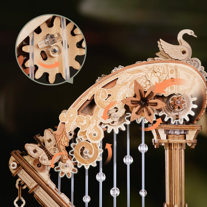 ROKR Magic Harp Music Box Wooden 3D Puzzle AMK71 3D wooden music box, detail of decorative elements and finish