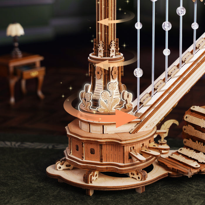 ROKR Magic Harp Music Box Wooden 3D Puzzle AMK71 3D wooden music box, styled lifestyle scene with model assembled