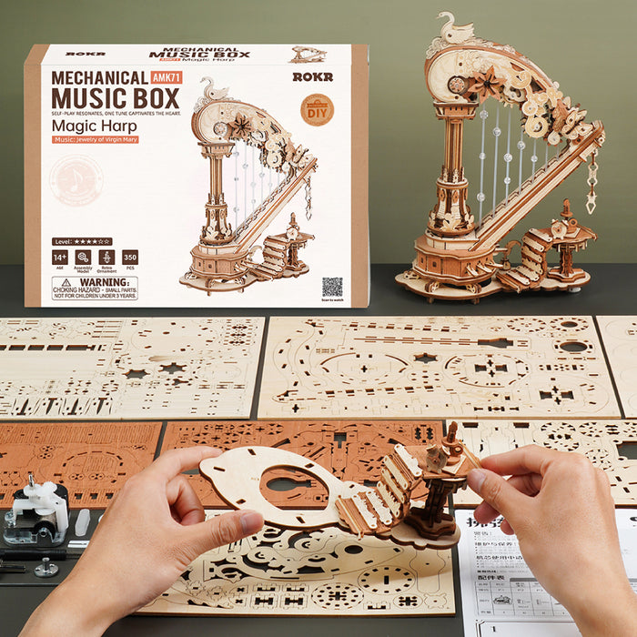 ROKR Magic Harp Music Box Wooden 3D Puzzle AMK71 3D wooden music box, side view highlighting structure and scale
