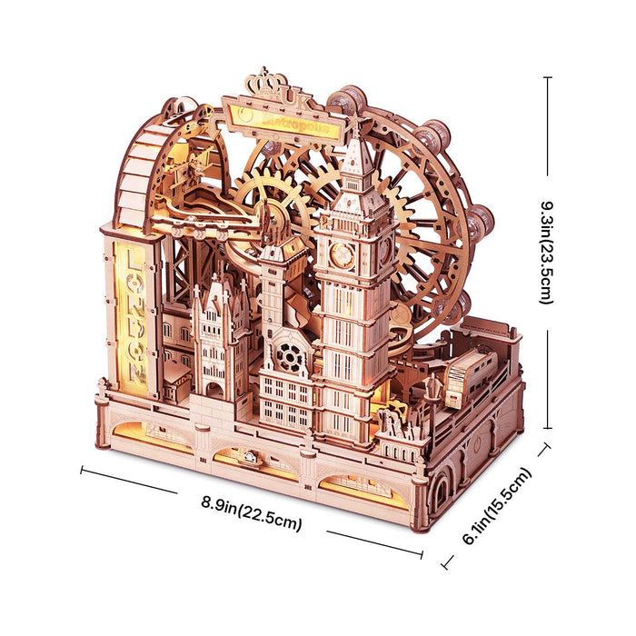 ROKR Marble Travel • London Wooden 3D wooden marble run, angled view EGB01