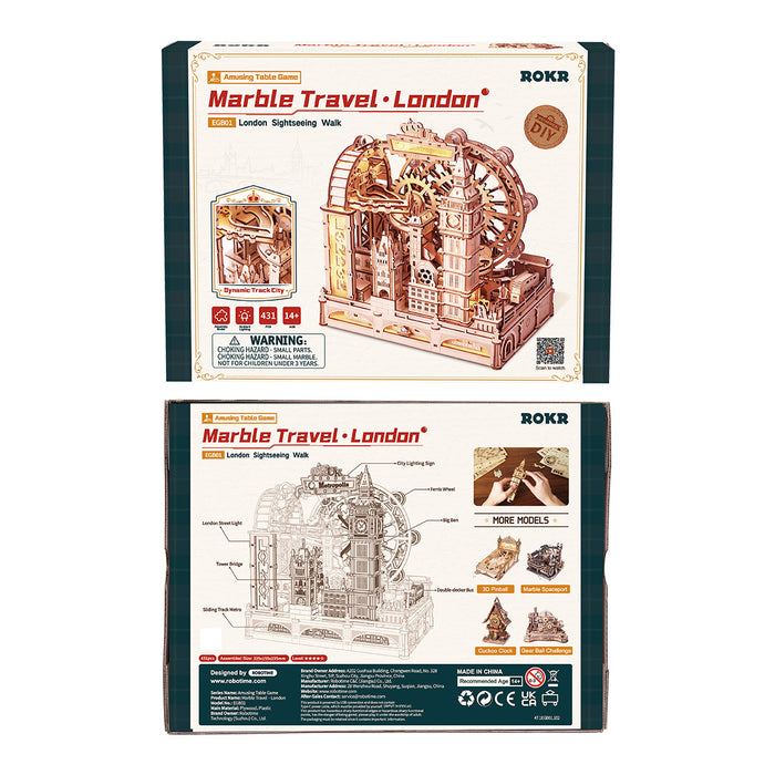 ROKR Marble Travel • London Wooden 3D wooden marble run, side view EGB01