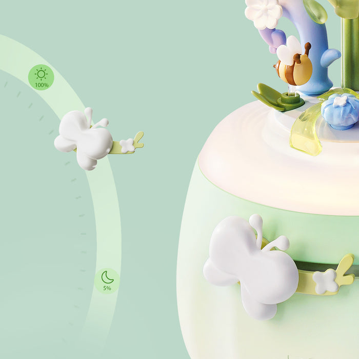 ROKR Minty Camellia Lamp AF02S brightness adjustment diagram on green background showing butterfly knob and dual day and night light modes