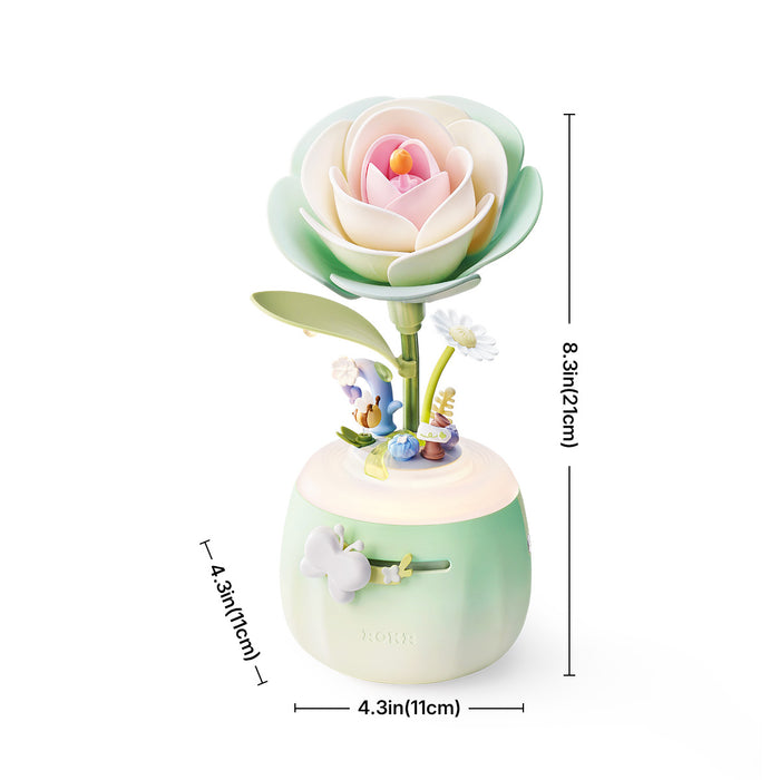 ROKR Minty Camellia Lamp AF02S dimensions annotated, mint green camellia flower night light measuring 8.3 inches tall and 4.3 inches wide