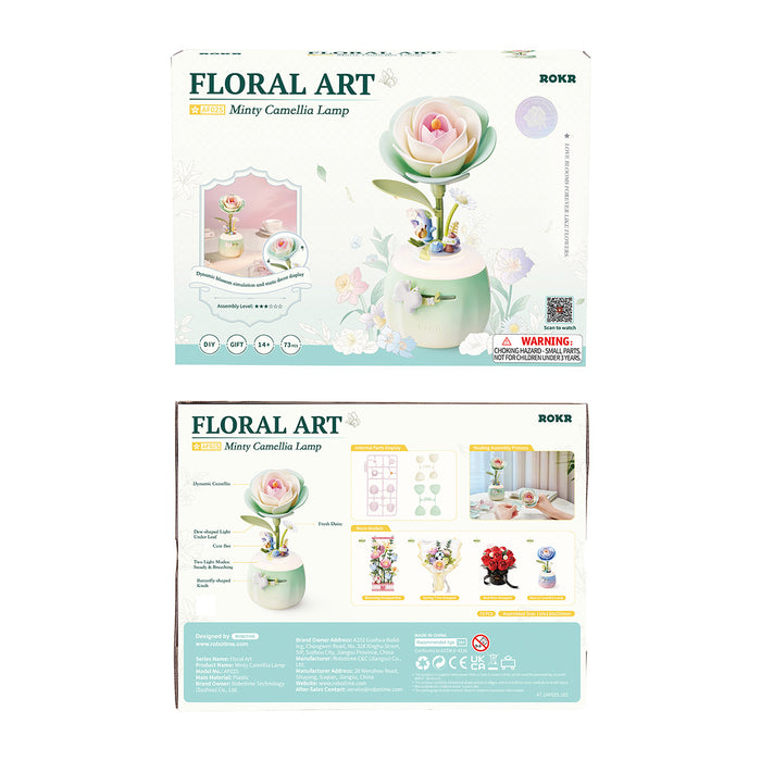 ROKR Floral Art Minty Camellia Lamp AF02S box packaging showing green camellia lamp design, 73 pieces, DIY gift kit for ages 14 and up