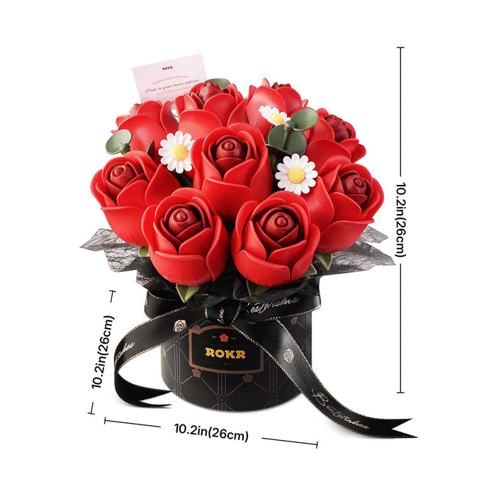 ROKR Red Rose Bouquet DIY kit AF02J product render on white background showing the full assembled arrangement in a black Best Wishes ribbon-wrapped ROKR box with a greeting card