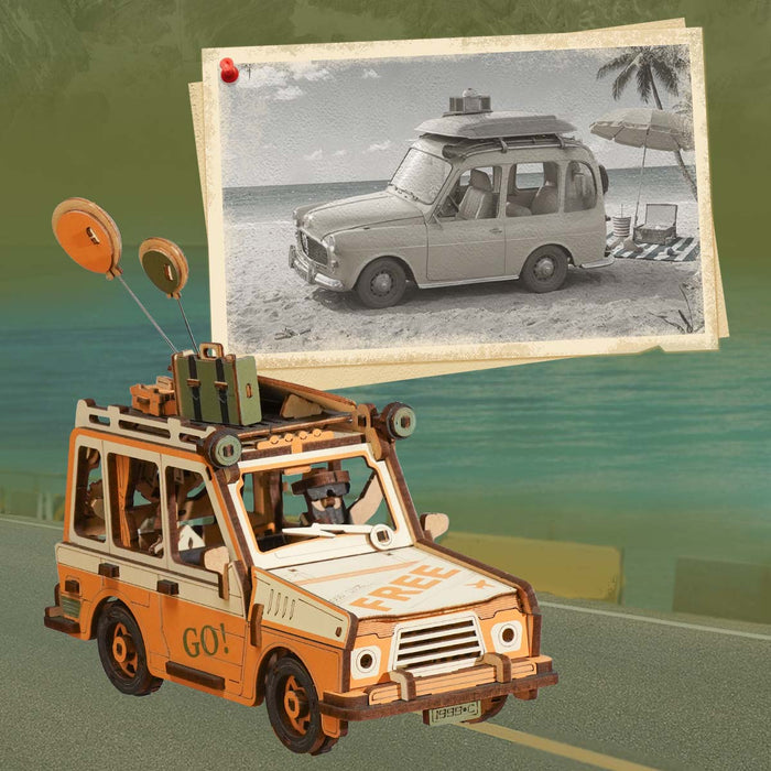 ROKR Road Tripper Gravity Swing MCD03 orange wooden SUV assembled with surfboard and balloons as seen from front-angled position with blue-sky beach-road illustration