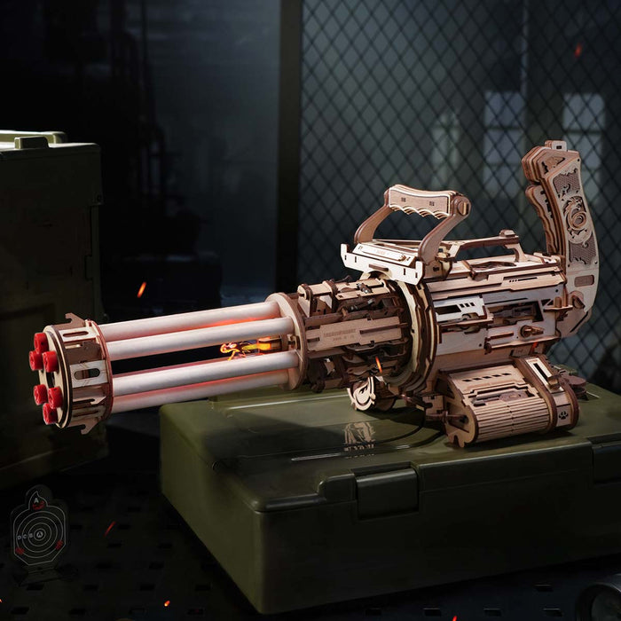 ROKR Rotating-Barrel Machine Toy Gun 3D Wooden Puzzle LQA01, mechanical wooden toy gun 3D puzzle, lifestyle scene
