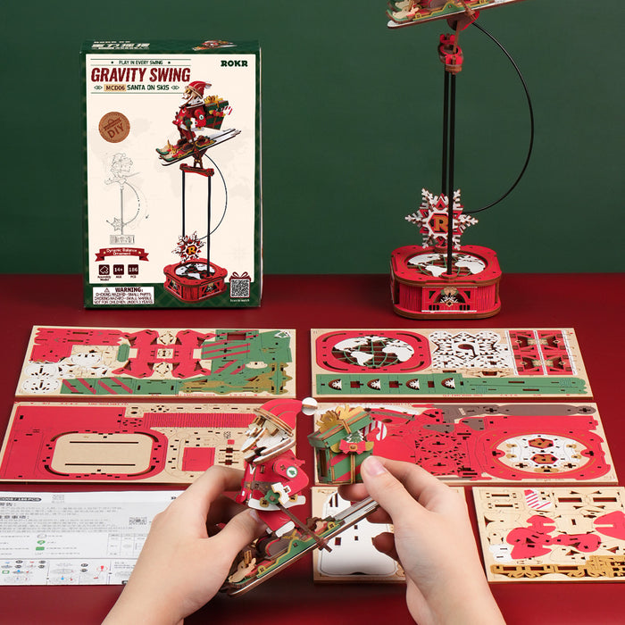 ROKR Santa on Skis Pendulum Balance Toy 3D Puzzle MCD06 3D wooden puzzle model, detail of decorative elements and finish