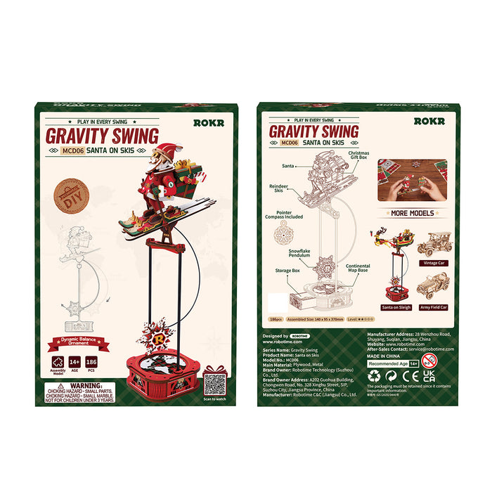 ROKR Santa on Skis Pendulum Balance Toy 3D Puzzle MCD06 3D wooden puzzle model, side view highlighting structure and scale