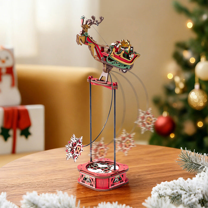 ROKR Santa on Sleigh Pendulum Balance Toy 3D Puzzle 3D wooden puzzle model, angled view showing detail and craftsmanship