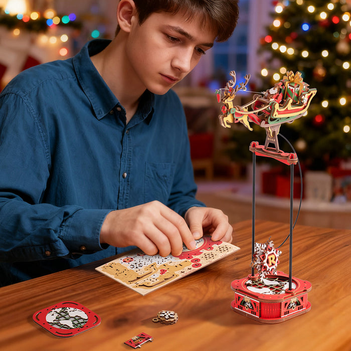 ROKR Santa on Sleigh Pendulum Balance Toy 3D Puzzle 3D wooden puzzle model, close-up of interior components and accessories
