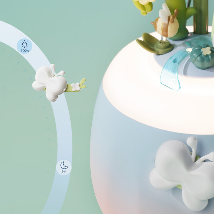 ROKR Starry Camellia Lamp AF01S brightness dial infographic showing 5% to 100% adjustable glow range with butterfly knob on blue lamp base