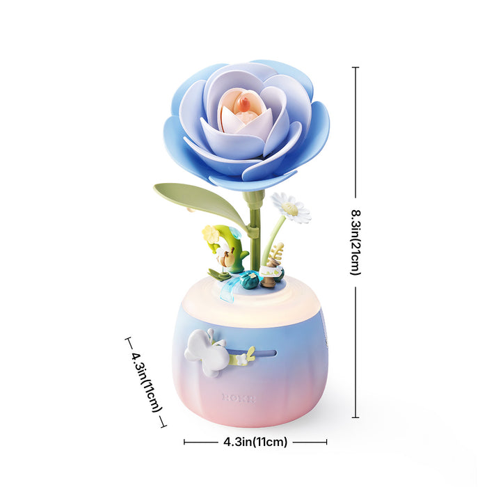 ROKR Starry Camellia Lamp AF01S dimensions diagram showing blue camellia flower night light measuring 8.3 inches tall and 4.3 inches wide