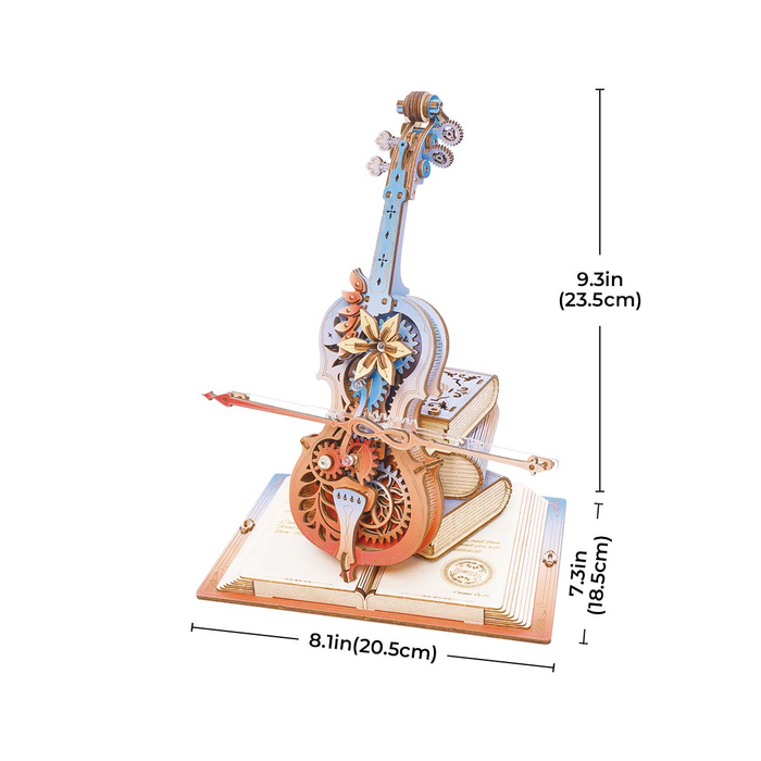ROKR Symphony of Gorgeous Dreams music box puzzle, showing violin design with size measurements on white background.