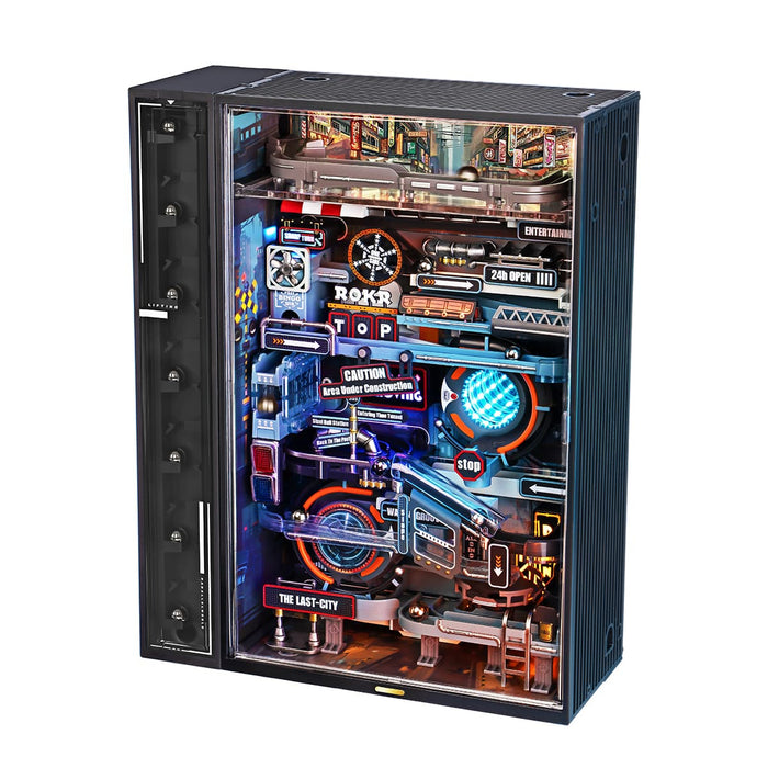 ROKR Parallel World marble run cabinet with bright pipes, gauges, and size markers.