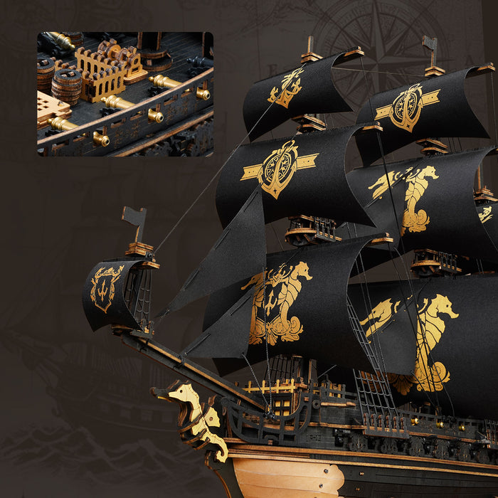 ROKR The Seahorse Barque 3D Wooden Puzzle MCB02, 3D wooden ship model puzzle, side view