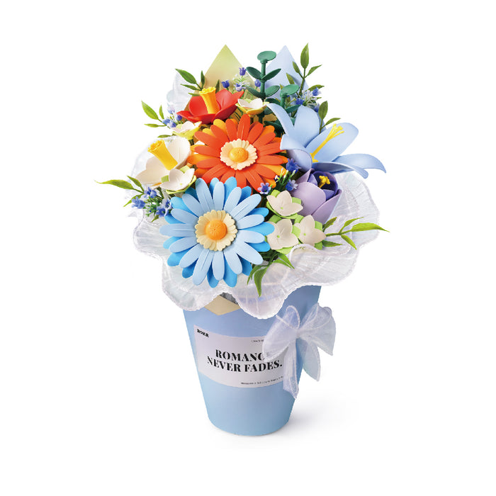 Rolife Romance Never Fades completed DIY flower bouquet featuring blue daisies, orange blooms and white petals in light blue bucket pot