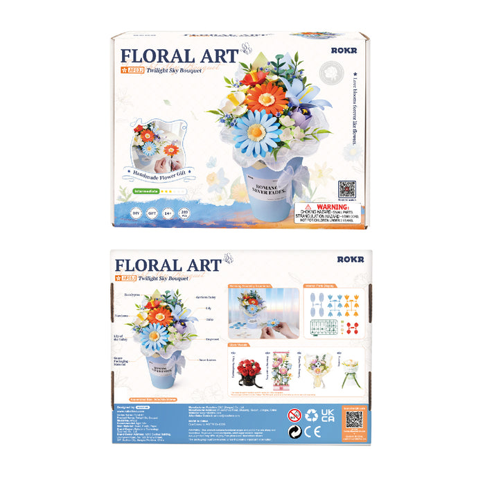 Rowood Floral Art DIY kit retail box showing front cover bouquet artwork and back panel with kit contents