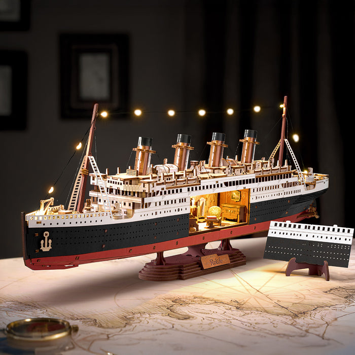 Rolife 1912·Eternal Atlantic Voyager 3D Wooden Puzzle 3D wooden puzzle model, angled view showing detail and craftsmanship