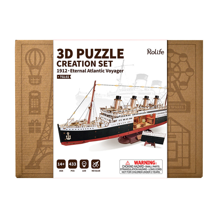 Rolife 1912·Eternal Atlantic Voyager 3D Wooden Puzzle 3D wooden puzzle model, side view highlighting structure and scale