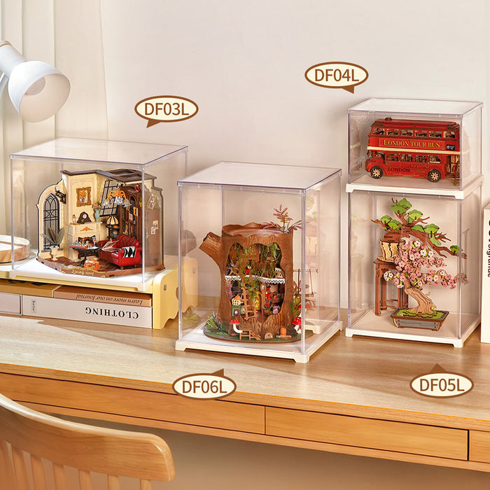 Rolife Acrylic Display Box Landscape Size S DF04L DIY craft kit, styled lifestyle scene with model assembled
