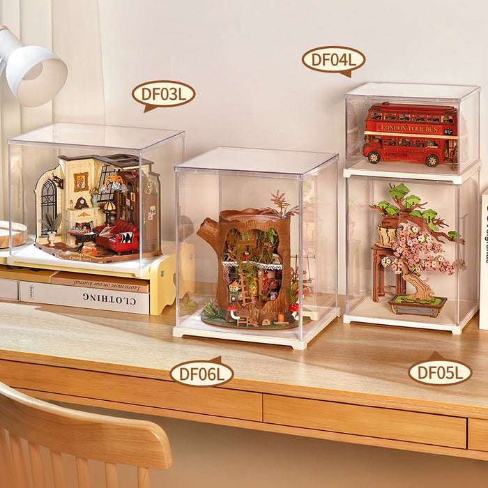 Rolife Clear Display Case Portrait Size M DF05L DIY craft kit, top-down view of layout and arrangement