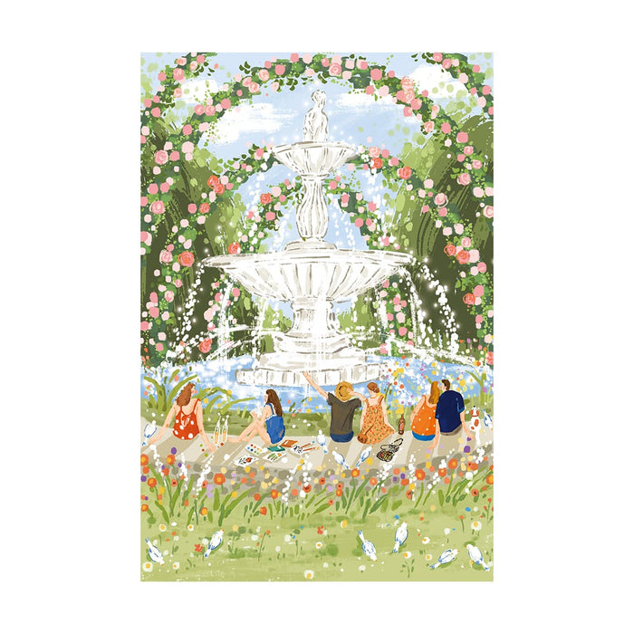 Rolife Afternoon Fountain PT001 hero puzzle artwork showing people gathered around a white fountain under a floral rose arch