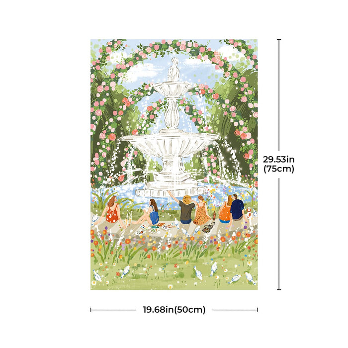 Rolife Afternoon Fountain PT001 dimension card showing completed artwork 19.68in wide by 29.53in tall with garden scene