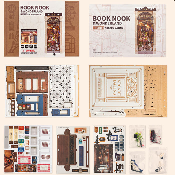 Rolife Arcade Dating Book Nook TGB10 flat lay showing box front, uncut laser-cut wooden sheets and accessories spread out