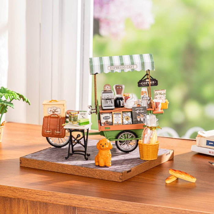 Rolife Aromatic Coffee Cart Miniature House DG182 DIY miniature house kit, close-up of interior components and accessories
