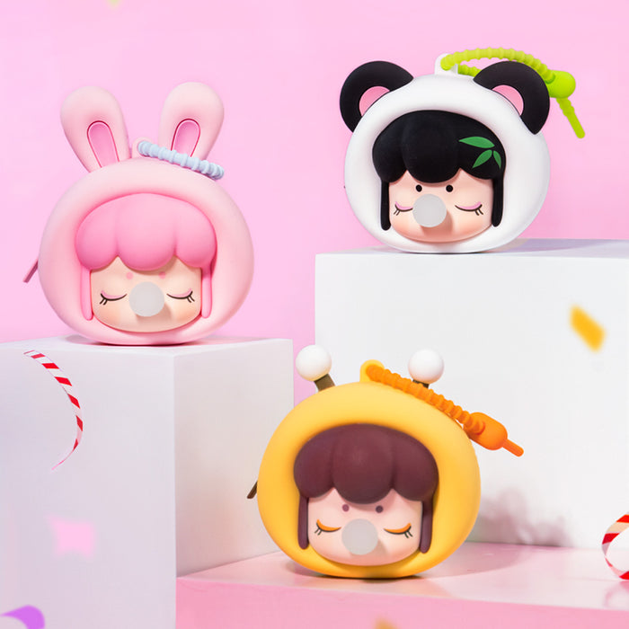 Rolife Baby Nanci Fluffy Party Headphone Case three variants clipped to a bag strap showing Rabbit, green bear, and a third character stacked together