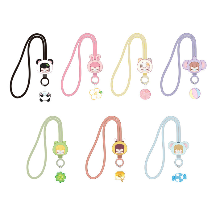 Rolife Baby Nanci Fluffy Party Phone Chain PZC05 Rabbit variant on a pink cord styled as a phone chain accessory worn over casual clothing