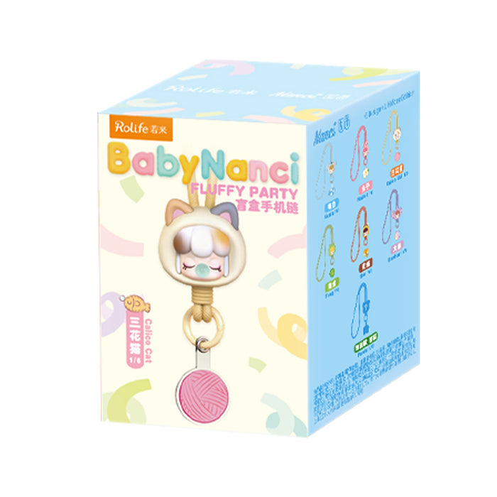 Rolife Baby Nanci Fluffy Party Phone Chain PZC05 cat variant on a yellow braided wrist cord hanging against a warm neutral backdrop