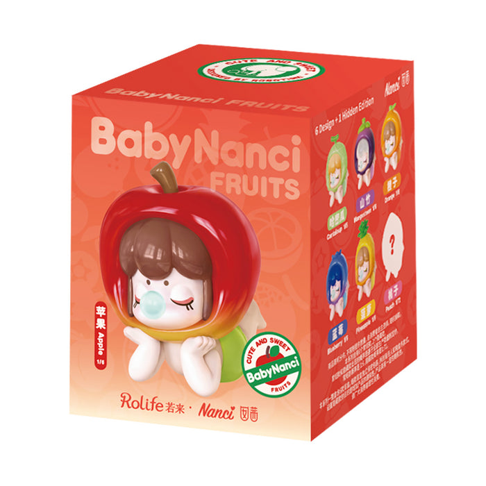 Rolife Baby Nanci Fruits individual retail blind box showing Apple figure on front panel with all six variant silhouettes and hidden question mark on the side packaging