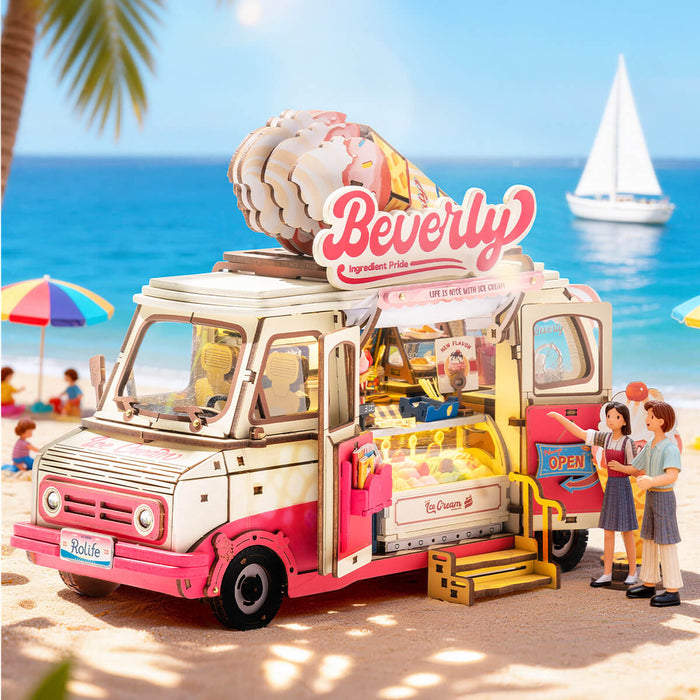 Rolife Beverly's Ice Cream Truck 3D Wooden Puzzle 3D wooden vehicle puzzle, close-up of interior components and accessories