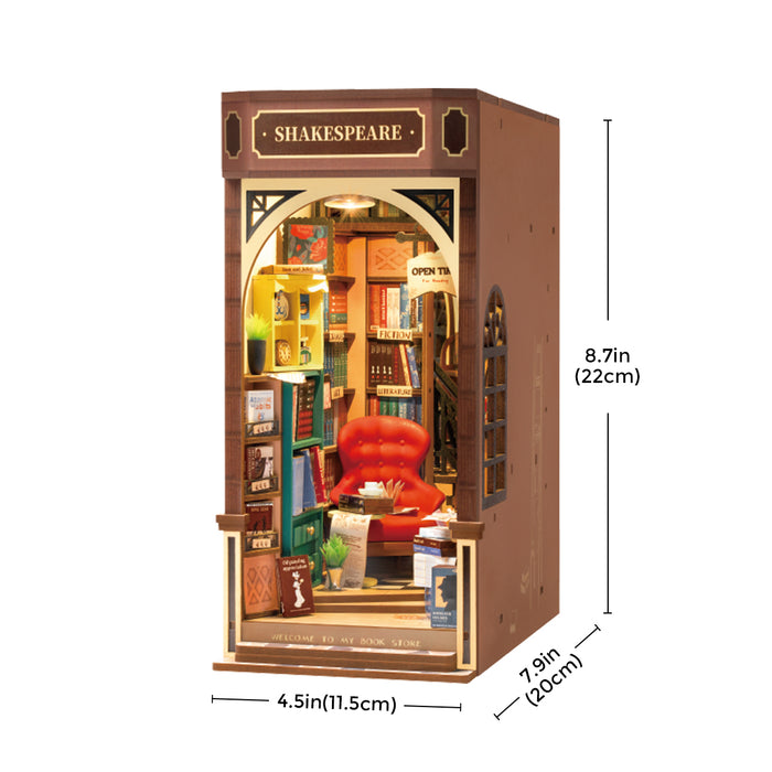 Rolife Bookstore Book Nook TGB07 DIY book nook miniature kit, front view on a neutral background